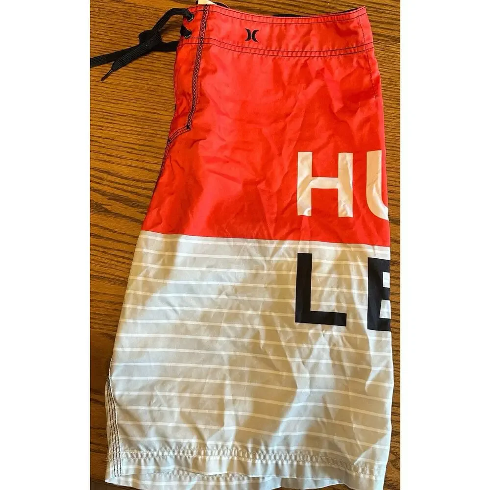 Hurley Board Shorts Men’s 34 Red Gray‎ White Stripe Swim Trunks